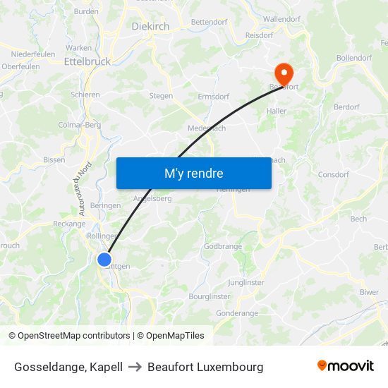 Gosseldange, Kapell to Beaufort Luxembourg map