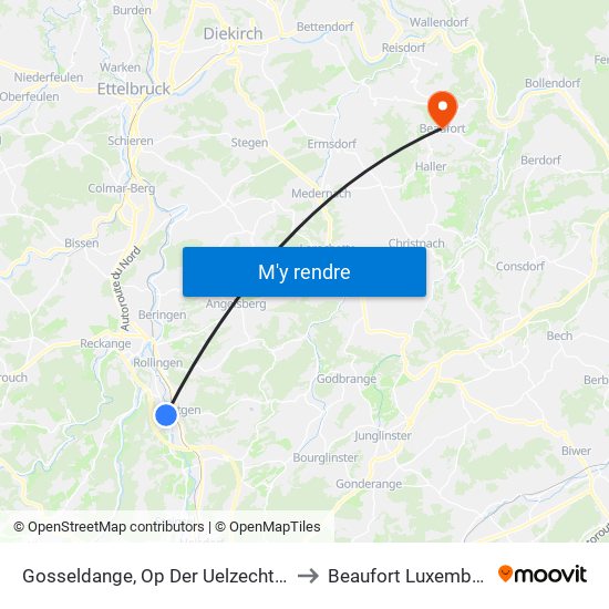 Gosseldange, Op Der Uelzechtbréck to Beaufort Luxembourg map