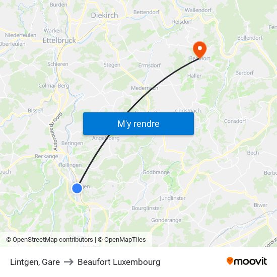 Lintgen, Gare to Beaufort Luxembourg map