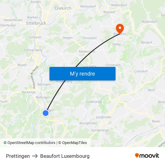 Prettingen to Beaufort Luxembourg map