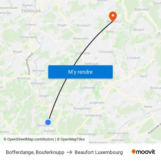 Bofferdange, Bouferknupp to Beaufort Luxembourg map