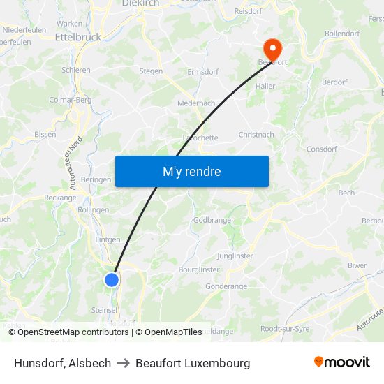Hunsdorf, Alsbech to Beaufort Luxembourg map