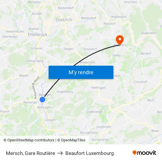 Mersch, Gare Routière to Beaufort Luxembourg map