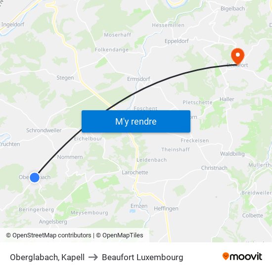 Oberglabach, Kapell to Beaufort Luxembourg map