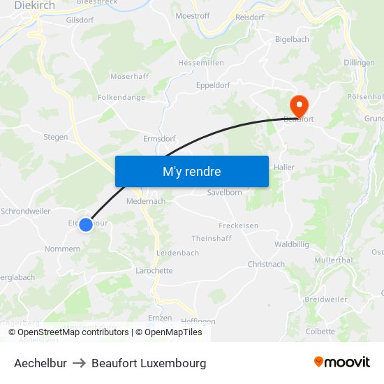 Aechelbur to Beaufort Luxembourg map