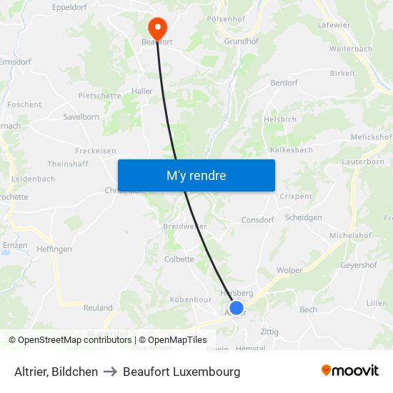 Altrier, Bildchen to Beaufort Luxembourg map