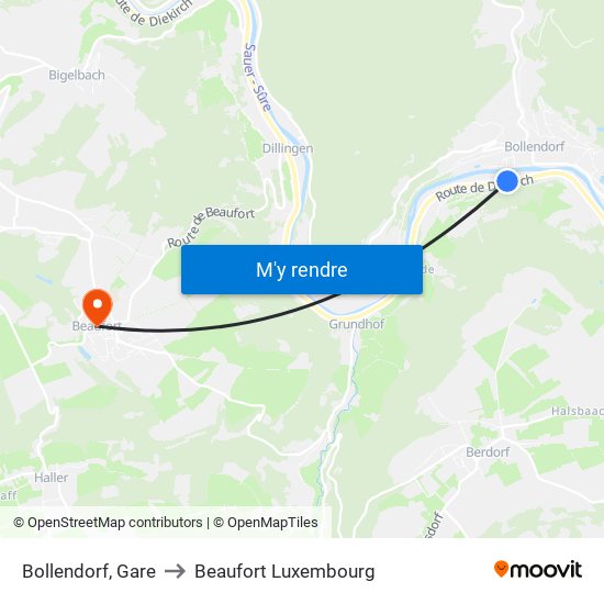 Bollendorf, Gare to Beaufort Luxembourg map