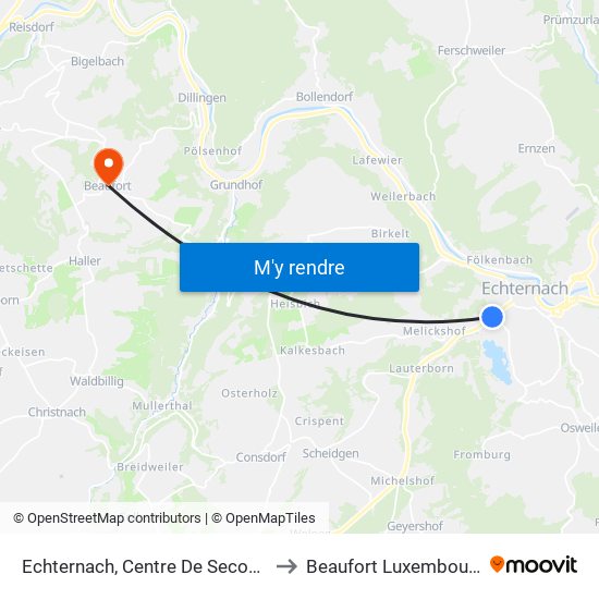 Echternach, Centre De Secours to Beaufort Luxembourg map