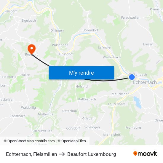 Echternach, Fielsmillen to Beaufort Luxembourg map