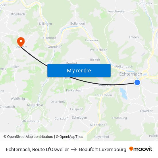 Echternach, Route D'Osweiler to Beaufort Luxembourg map