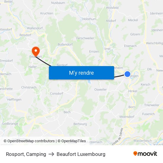 Rosport, Camping to Beaufort Luxembourg map