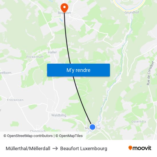 Müllerthal/Mëllerdall to Beaufort Luxembourg map