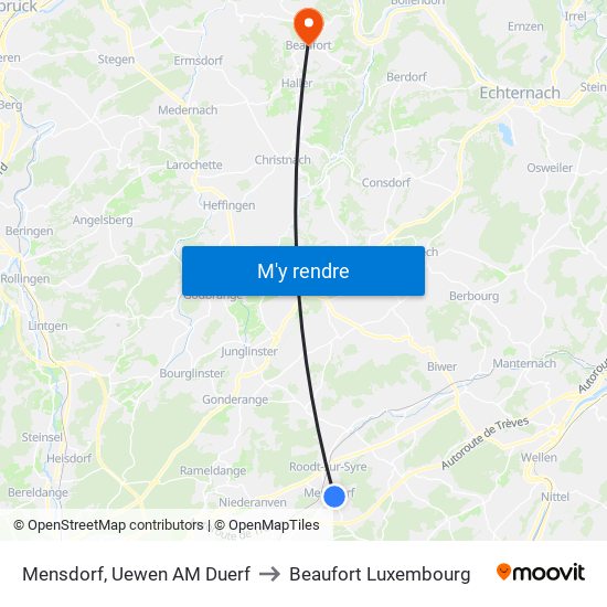 Mensdorf, Uewen AM Duerf to Beaufort Luxembourg map