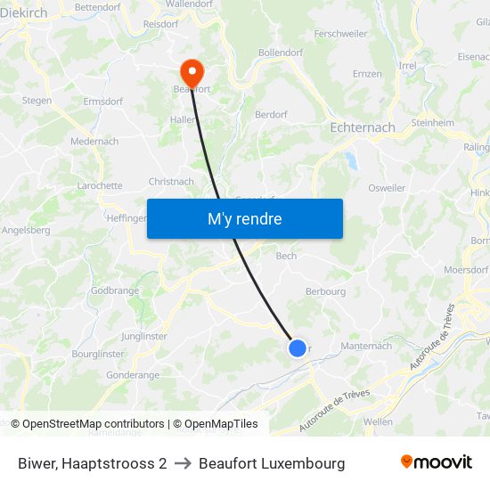 Biwer, Haaptstrooss 2 to Beaufort Luxembourg map