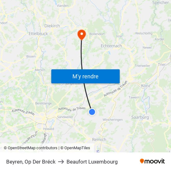 Beyren, Op Der Bréck to Beaufort Luxembourg map