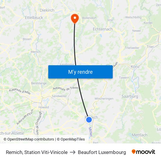Remich, Station Viti-Vinicole to Beaufort Luxembourg map