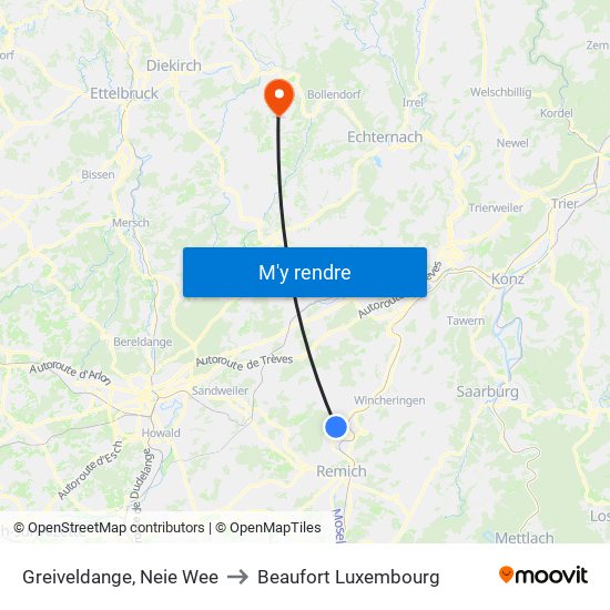 Greiveldange, Neie Wee to Beaufort Luxembourg map