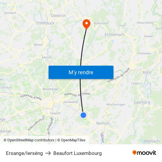 Ersange/Ierséng to Beaufort Luxembourg map