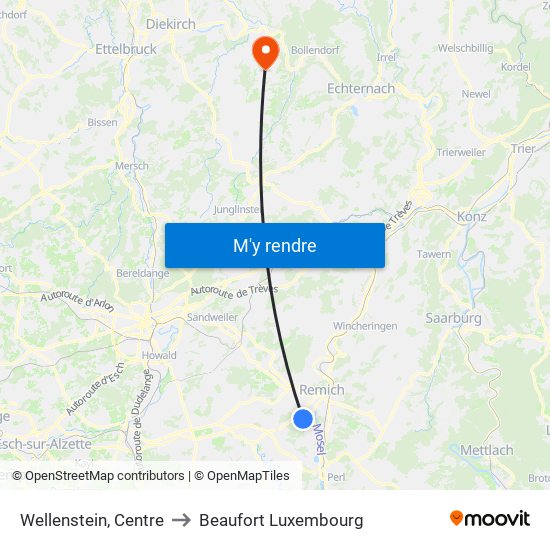 Wellenstein, Centre to Beaufort Luxembourg map