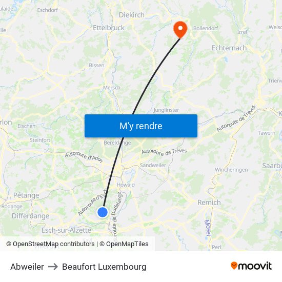 Abweiler to Beaufort Luxembourg map