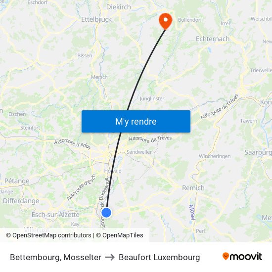 Bettembourg, Mosselter to Beaufort Luxembourg map