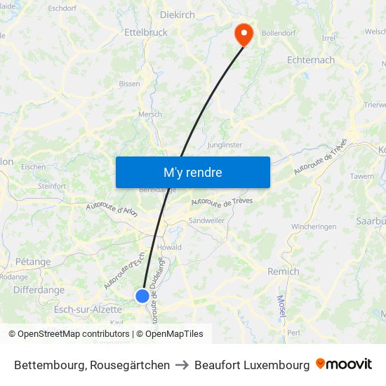 Bettembourg, Rousegärtchen to Beaufort Luxembourg map