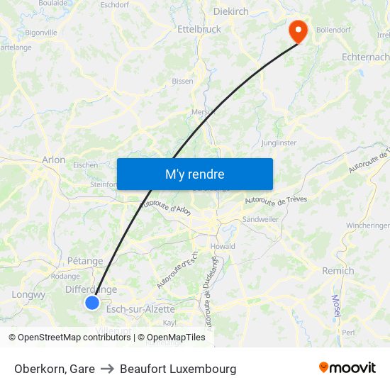 Oberkorn, Gare to Beaufort Luxembourg map