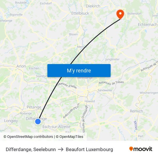 Differdange, Seelebunn to Beaufort Luxembourg map