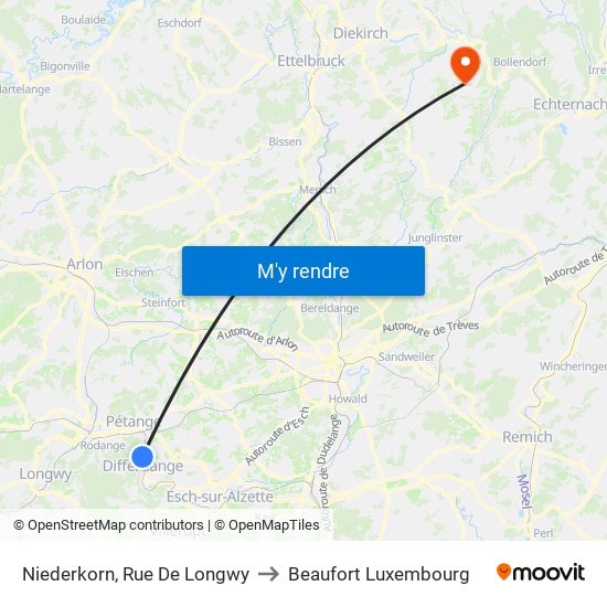 Niederkorn, Rue De Longwy to Beaufort Luxembourg map