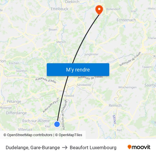 Dudelange, Gare-Burange to Beaufort Luxembourg map