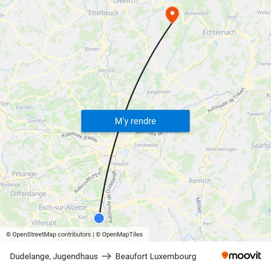 Dudelange, Jugendhaus to Beaufort Luxembourg map