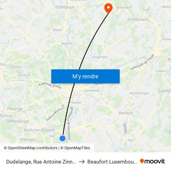 Dudelange, Rue Antoine Zinnen to Beaufort Luxembourg map