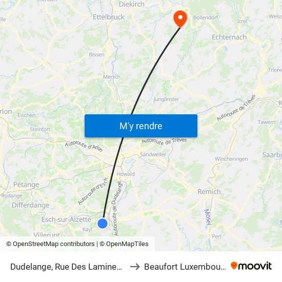 Dudelange, Rue Des Lamineurs to Beaufort Luxembourg map