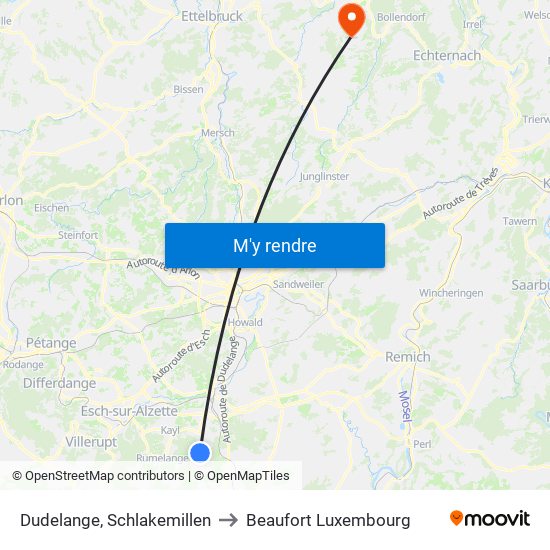 Dudelange, Schlakemillen to Beaufort Luxembourg map