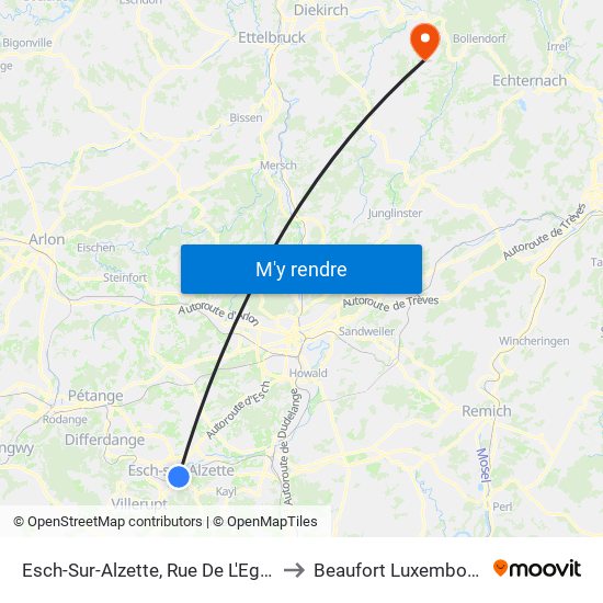 Esch-Sur-Alzette, Rue De L'Eglise to Beaufort Luxembourg map