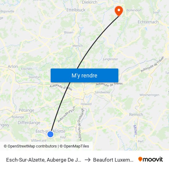 Esch-Sur-Alzette, Auberge De Jeunesse to Beaufort Luxembourg map