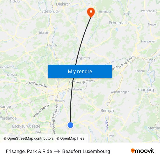 Frisange, Park & Ride to Beaufort Luxembourg map