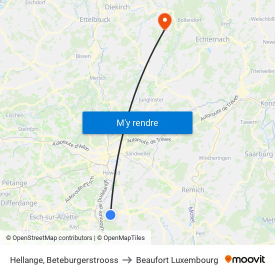 Hellange, Beteburgerstrooss to Beaufort Luxembourg map