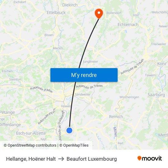 Hellange, Hoëner Halt to Beaufort Luxembourg map