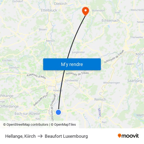 Hellange, Kiirch to Beaufort Luxembourg map