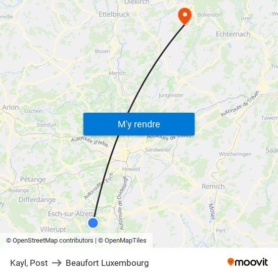 Kayl, Post to Beaufort Luxembourg map