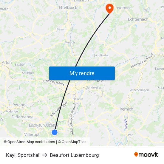 Kayl, Sportshal to Beaufort Luxembourg map