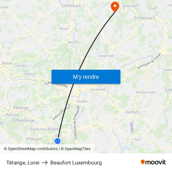Tétange, Lorei to Beaufort Luxembourg map