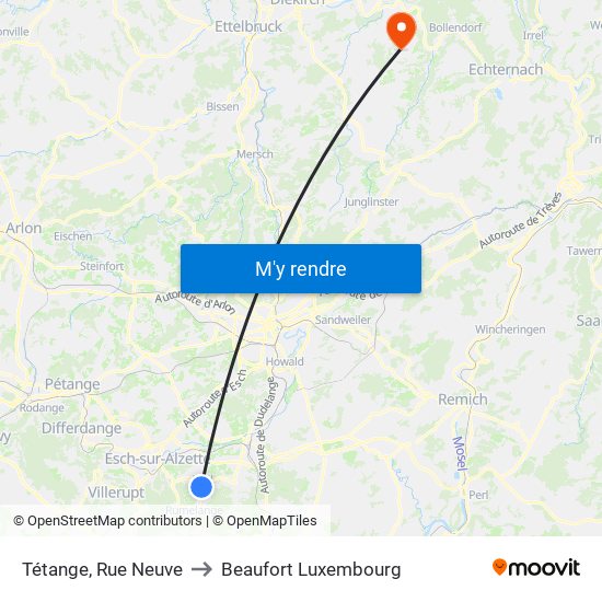 Tétange, Rue Neuve to Beaufort Luxembourg map
