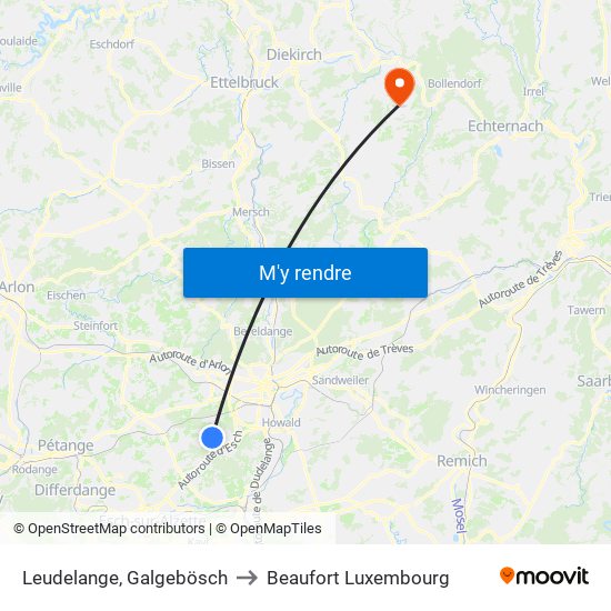 Leudelange, Galgebösch to Beaufort Luxembourg map