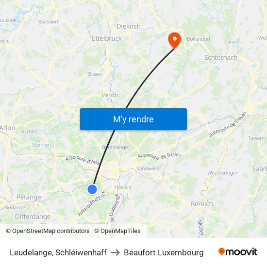 Leudelange, Schléiwenhaff to Beaufort Luxembourg map