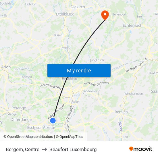 Bergem, Centre to Beaufort Luxembourg map