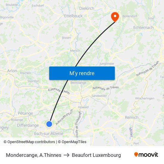 Mondercange, A.Thinnes to Beaufort Luxembourg map