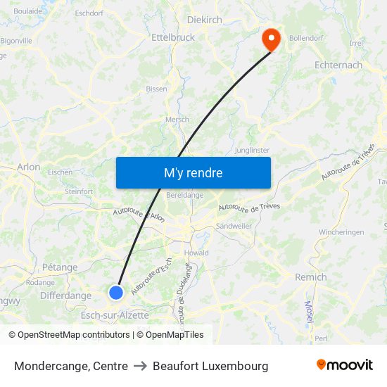 Mondercange, Centre to Beaufort Luxembourg map