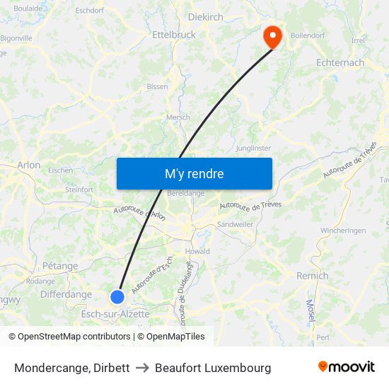 Mondercange, Dirbett to Beaufort Luxembourg map